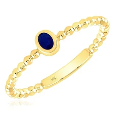 Natural Blue Sapphire Real 14K Gold Beaded Sideways Oval Stackable Band Ring