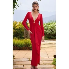 NWT Yilote Red Long Sleeve Maxi Dress Plunge Neck Ring Detail Party Evening Sm