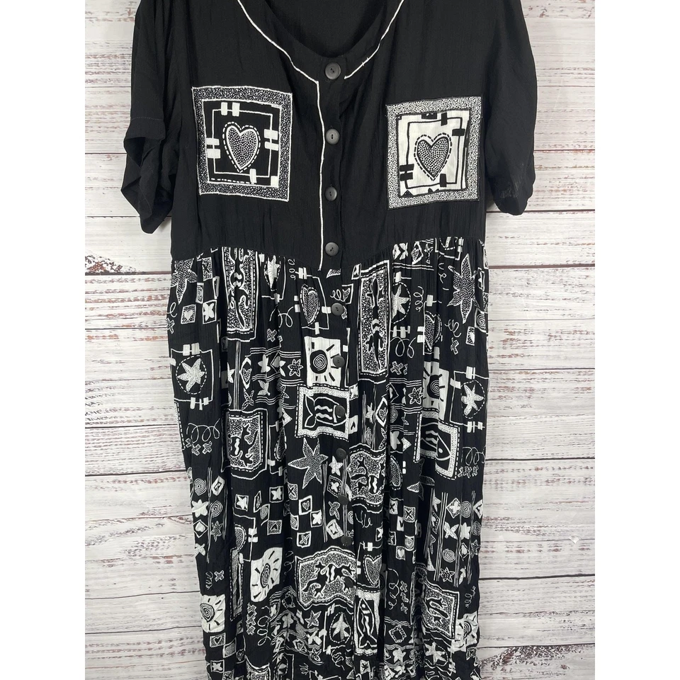 Vestido We Be Bop Para Mujer 1X Negro Blanco Boho Bolsillos de Retazos Botón Rayón Artístico Foto 4 de 4