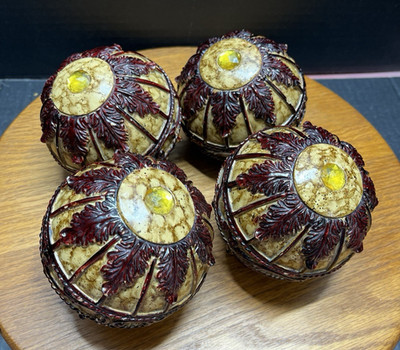 Vtg Set of 4 Decorative Maroon & Gold Resin Spheres Textured Orbs Bowl Fillers