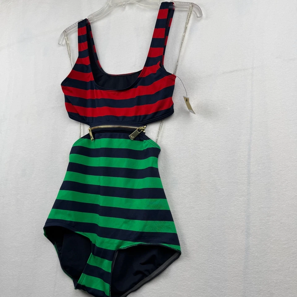 Купальник Michael Kors в полоску из двух частей с вырезом деталь новый с Ярлыками размер 6 взлетно-посадочная полоса на молнии - Изображение 3 из 4