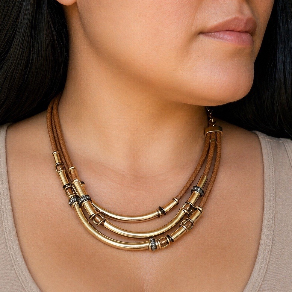 Chico's Gold Tone Bib Statement Necklace Braided Cord Metallic Tube Accent