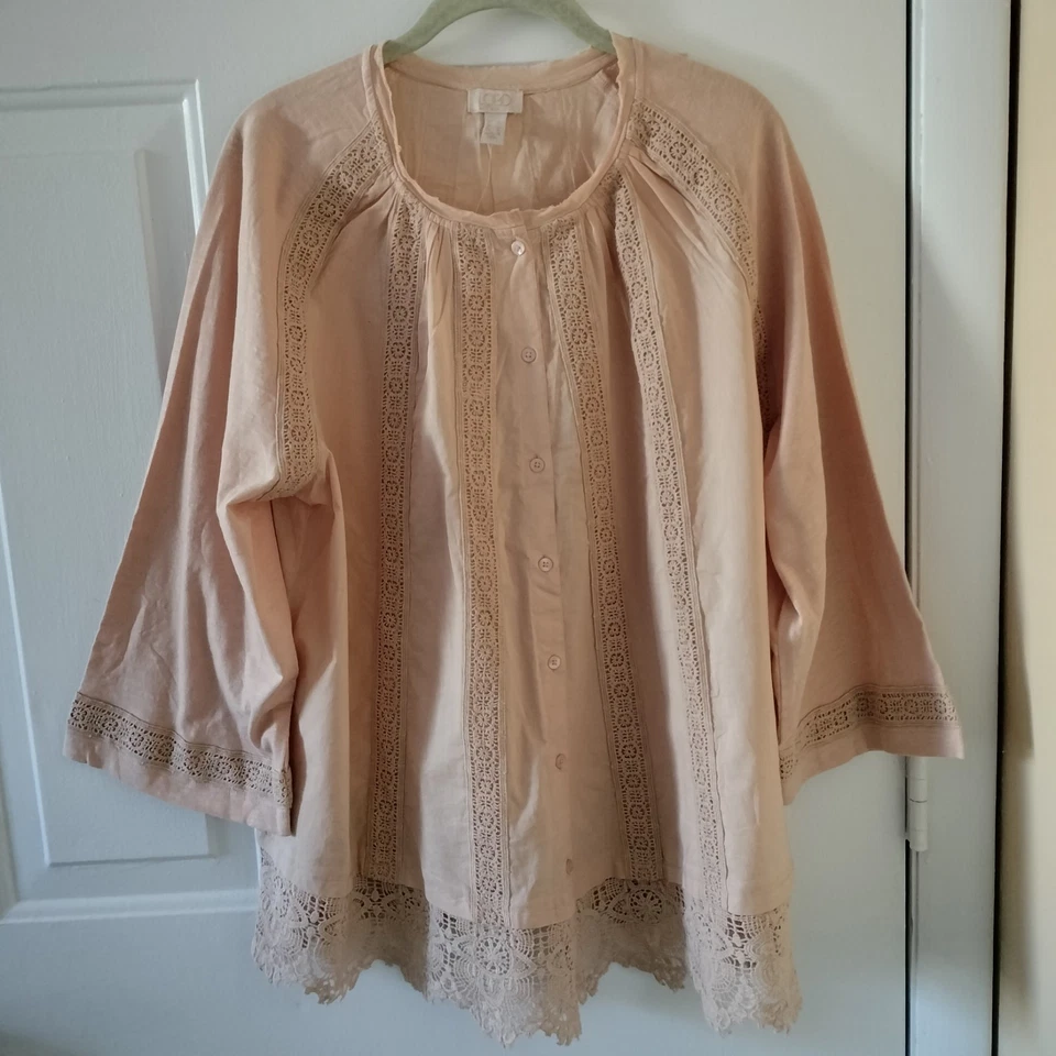 Blusa Top LOGO Lujosa Borde de Encaje de Algodón con Botones Beige Talla L Boho Lagenlook