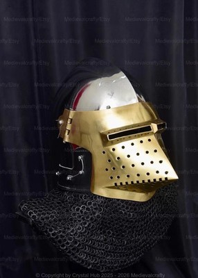 16Gauge Medieval Klappvisor Marigny Helmet Golden Visor With Chainmail 16 Ga