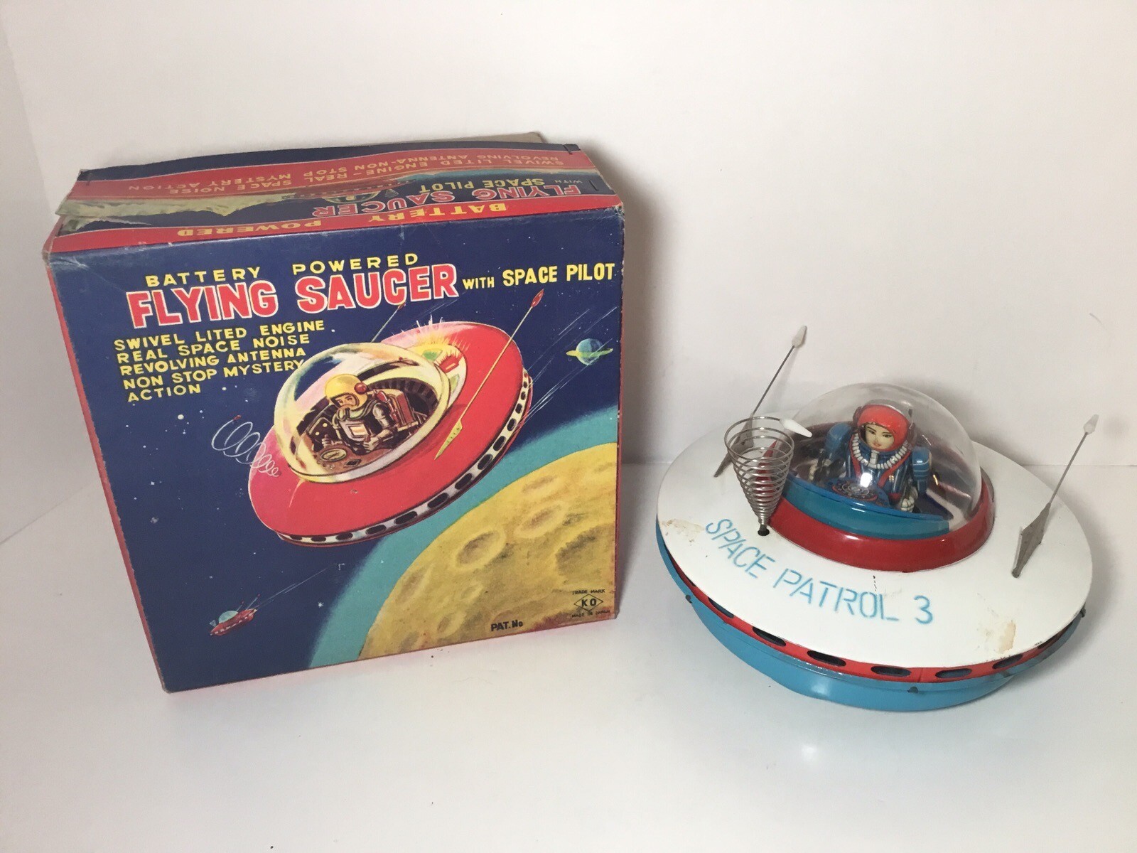 Vintage KO Japan Battery Powered Flying Saucer Pilot Tin Toy Space