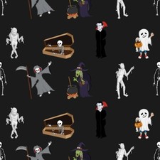 Halloween Creatures Black 100 Cotton Fabric . Sold by The Yard 36 X 44