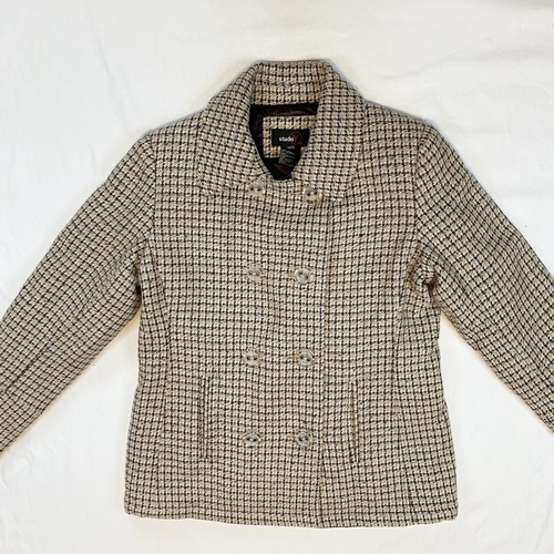 Studio Y Maurices Size M Coat Wool Blend Double Breasted Plaid Knit Brown Blue - Picture 6 of 14