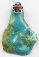 Fabulous Free-Form Genuine Turquoise/Garnet Flower Top Pendant & 18" Necklace