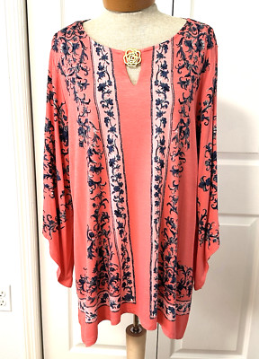NEW Premise Studio Women's 3/4 Sleeve Tunic Size 1X Top stretch Pink Blue
