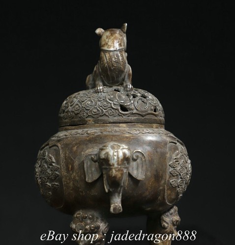 7.6" Qianlong Marked Silver Beast Statue 2 Elephant Head Handle 3 Leg Censer - Picture 6 of 9