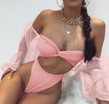 Baby Pink High Leg Swimsuit - Chiffon Sleeves PLT/Boohoo/Missguided/House Of CB