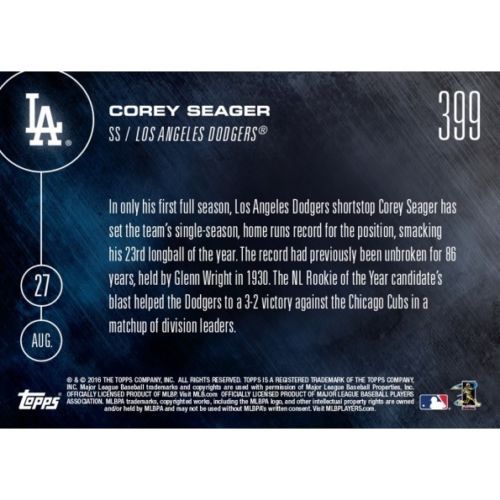 2016 Topps Now #399 Corey Seager L.A. Dodgers RC 8/27/16 Print Run 1084 FREE S/H - Picture 2 of 2