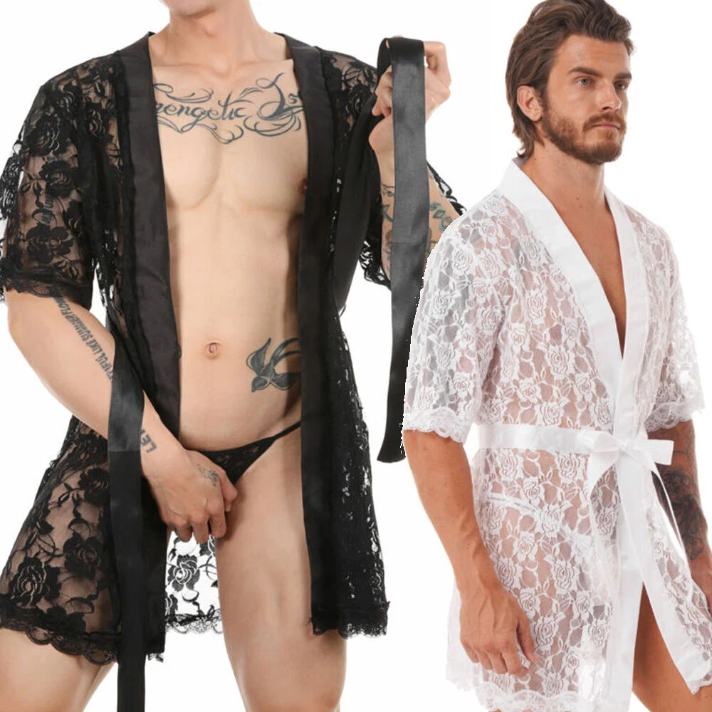 Mens Sexy Lingerie Silk Lace Kimono Dressing Gown Crossdressing Night Dress