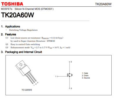 2X TK20A60W,S5VX K20A60W TOSHIBA N-Ch Power MOSFET 600V 20A 130mΩ