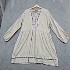 J Gee Dress Women XL Tan Floral Embroidered Boho Chic Cottagecore Romantic Flowy