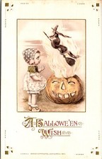Vintage John Winsch Little Girl, Witch, Broom, JOL, Pumpkin, Halloween Postcard