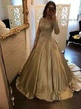 Classic Satin Lace Appliques Wedding Dresses Long Sleeves 80s Bridal Gowns