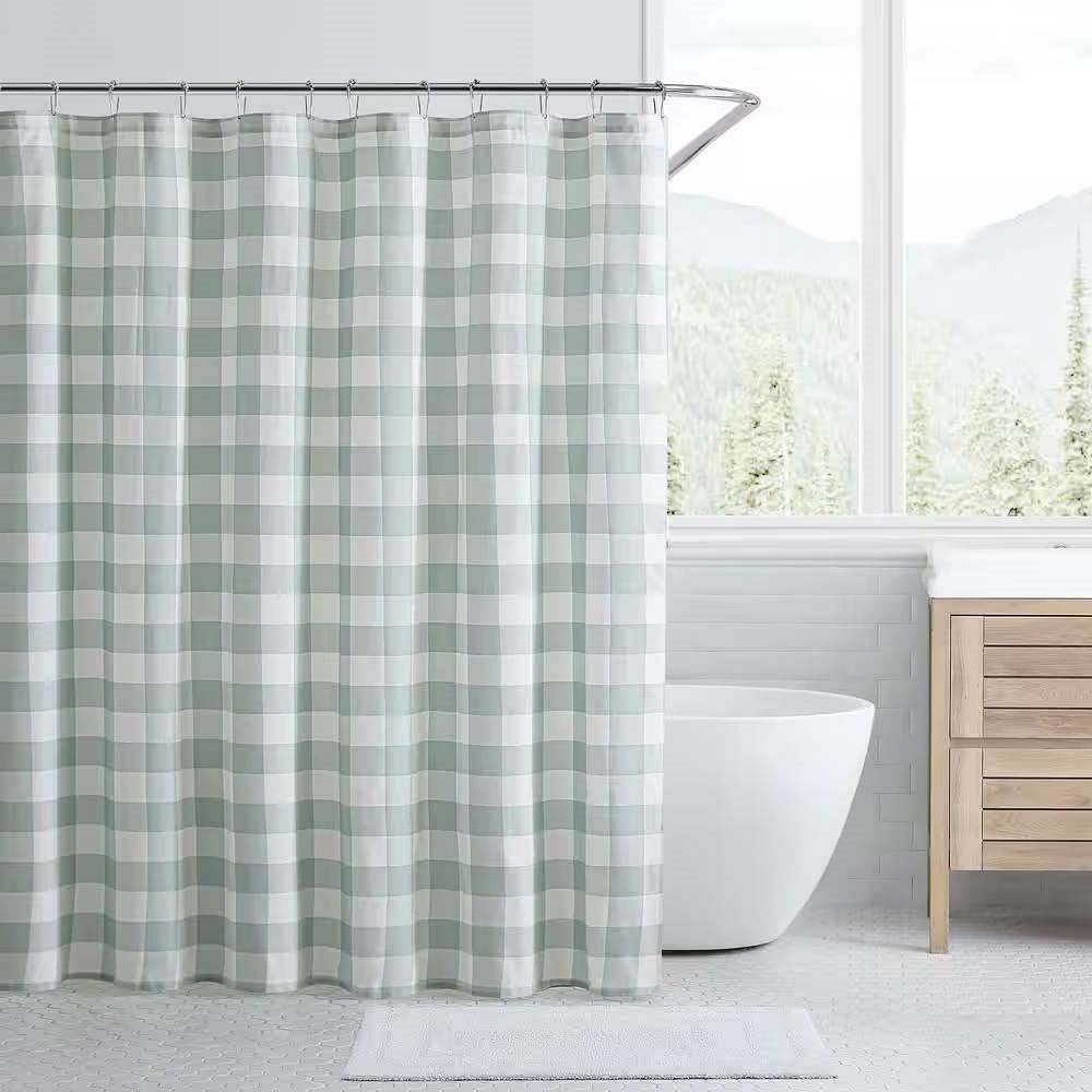 72-Inch Cotton Shower Curtain in Green White Plaid Design