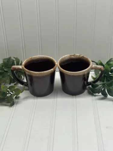 Set of 2 Vintage McCoy Pottery Brown Drip Glaze Coffee Mugs Cups D Handle USA