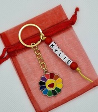 Personalised Rainbow flower Keyring, girls bag tag, rainbow gifts, summer