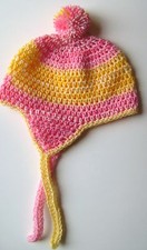 CROCHET GIRLS EARFLAP HAT PERUVIAN STYLE PINK  YELLOW MULTI CAP BEANIE SKI CAP