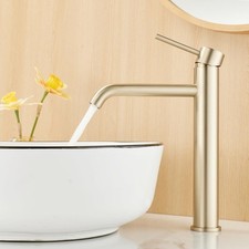 Brushed Gold Tall Basin Mixer Tap Modern Bathroom Sink Mono Faucet Single Lever