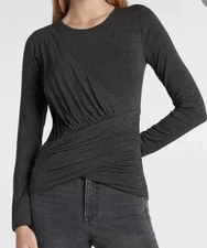 Express Women’s Solid Ruched Twist Front Long Sleeve Tee Size XS Gray Stretch