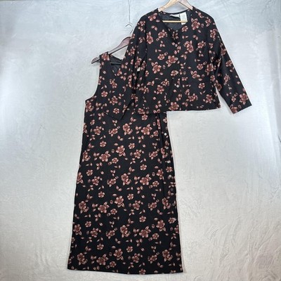 Erika Studio Dress Jacket Set Womens Large Black Floral 2 Piece Maxi 90s Button