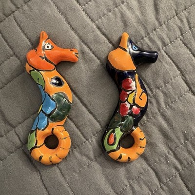Small Mexican Talavara Sea Horse Figure Hand Painted Clay Seahorse Sculpture