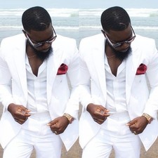 Men Suits 2 Pcs Wedding Groom Tuxedo Slim Fit White Blazer Pant Formal Business