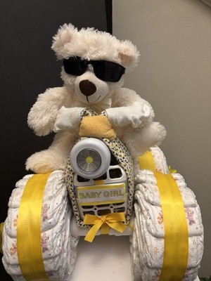 Handmade Four Wheeler Diaper Gift with Bear, Yellow Floral Bib, and Ribbon 
