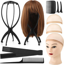 9 Pack Set 2 Wig Head Stand with 2 PCS Wig Brush Comb 2 Hair Net 1 Grip Band 2 C