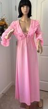 Vintage 60s Bubblegum Pink Ruffle Long Nightgown Peignoir Lingerie M