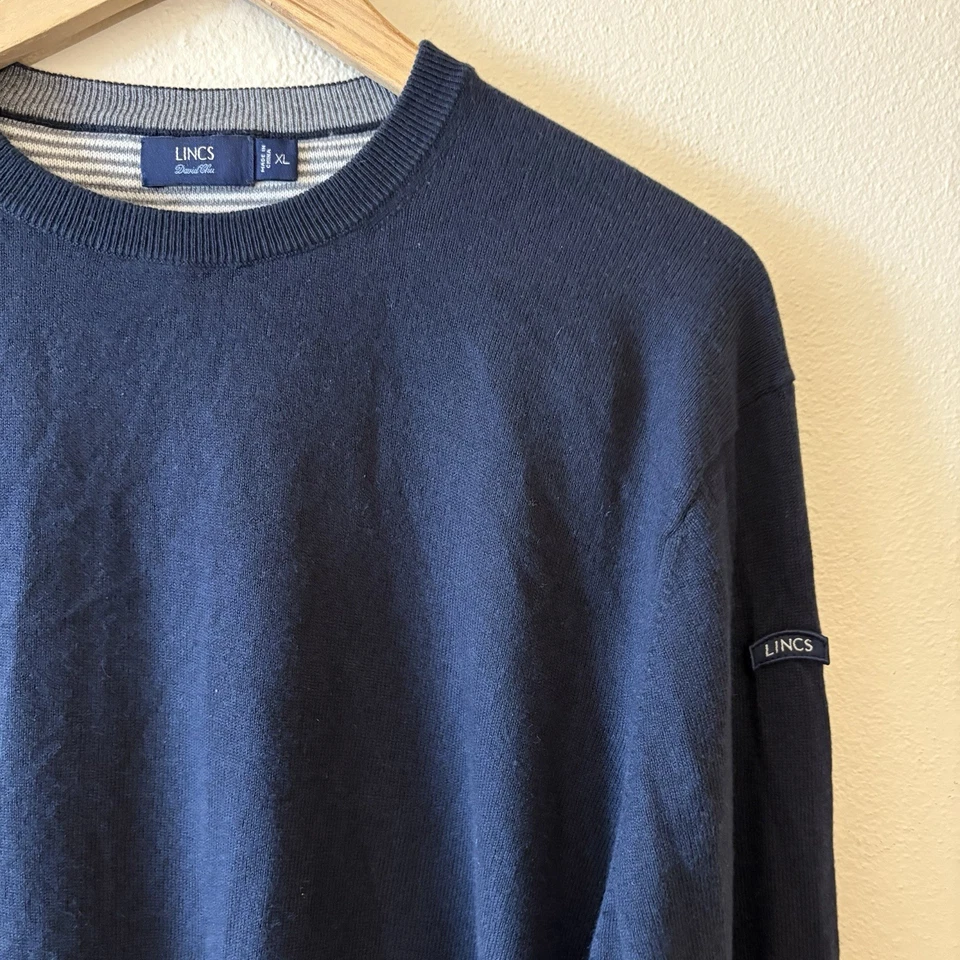 Lincs David Chu Men's Sweater XL Navy Blue Cotton Cashmere Elbow Patch Crew Neck - Image 3 of 4