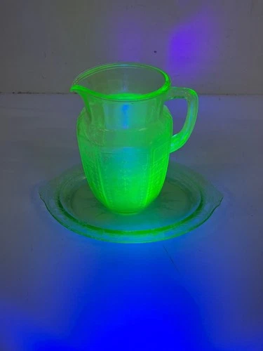 Vintage Green Depression Glass Pitcher and Under Plate Uranium