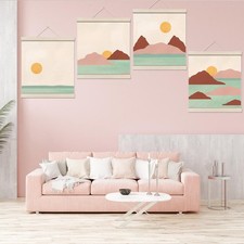 Boho Hanging Wall Art Set of 4 - Square Mountain Sun Landscape Prints for Room