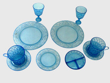 Lot 10 Vtg Fancy Irwin Child's Kids Blue Plastic Play Dishes Plates Cups Set