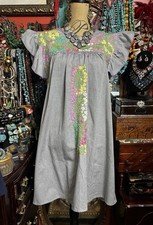 Mexican Oaxaca Ruffle Dress In Grey With Pastel Embroidery  Purple Crochet M/L