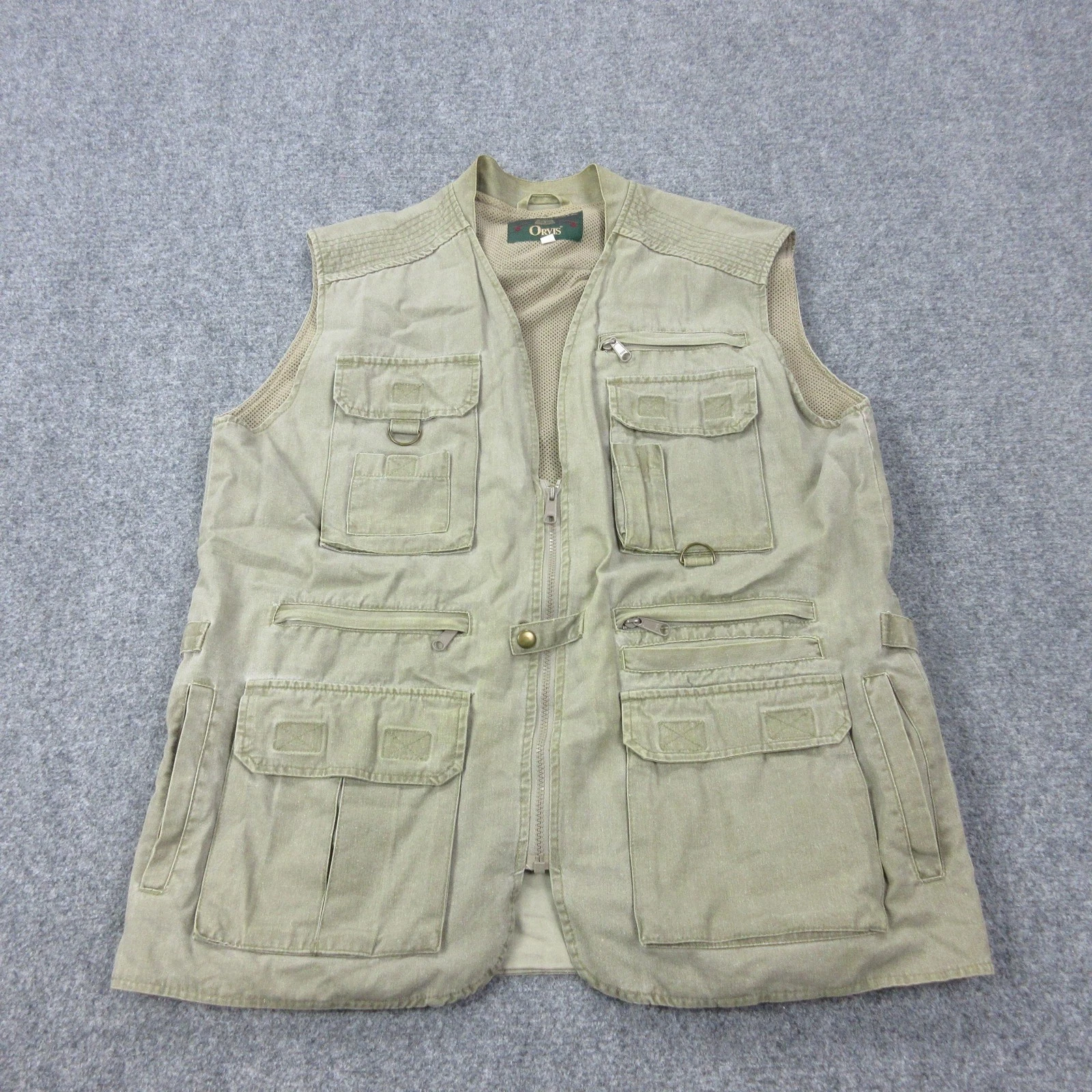 Orvis Fishing Vest Mens Large Beige Canvas Multi Pocket Mesh Lined Outdoor
