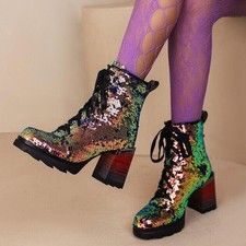 Women's Lace Up Block Heels Sequins Ankle Boots Casual Club Outdoor Motor Shoes