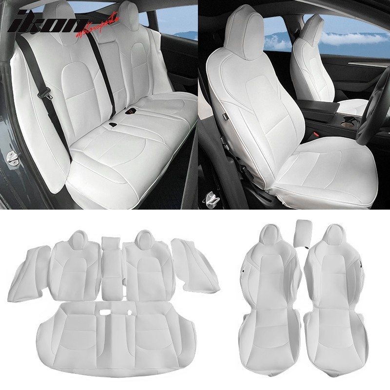 Fits 17-23 Tesla Model 3 4DR 5-Seat Seat Covers Cushion Protector Leather White