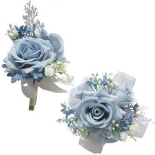 2 PCS Wrist Corsage Boutonniere Set Artificial Rose Wedding Prom Dusty Blue