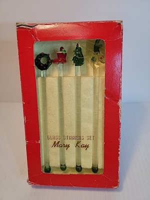  Blown  Glass Christmas Swizzle Sticks Mary Kay Wreath Stocking Tree Reindeer