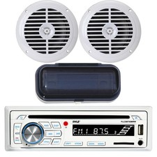 Pyle 1DIN Marine Boat Yacht MP3 Radio USB Player Receiver, 2 Speakers  Cover
