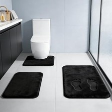 Black Bathroom Rug Set Memory Foam Bath Mats 3 Piece with Toilet Mats, Soft  Su