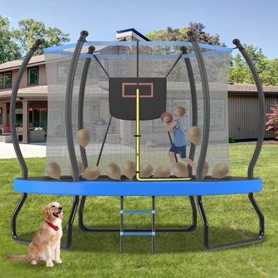 10FT Trampoline w Basketball Hoop Enclosure Net and Ladder Trampoline for Kids