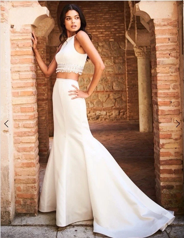 Abito da ballo Sherri Hill STYLE 51581 raso due pezzi corpetto perlato BLU taglia 4