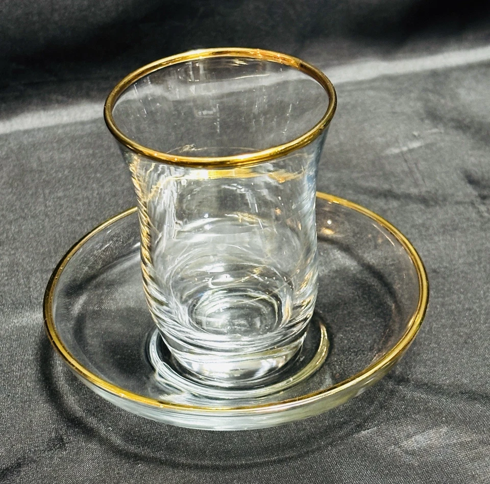 Set of 9 Vintage Pasabahce Turkish Tea Cup & Saucer Sets with Gold Rim - Image 4 of 4