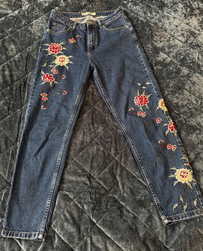 Topshop Moto Jeans Women's (28x30) Blue Mom Embroidered Multicolor Denim