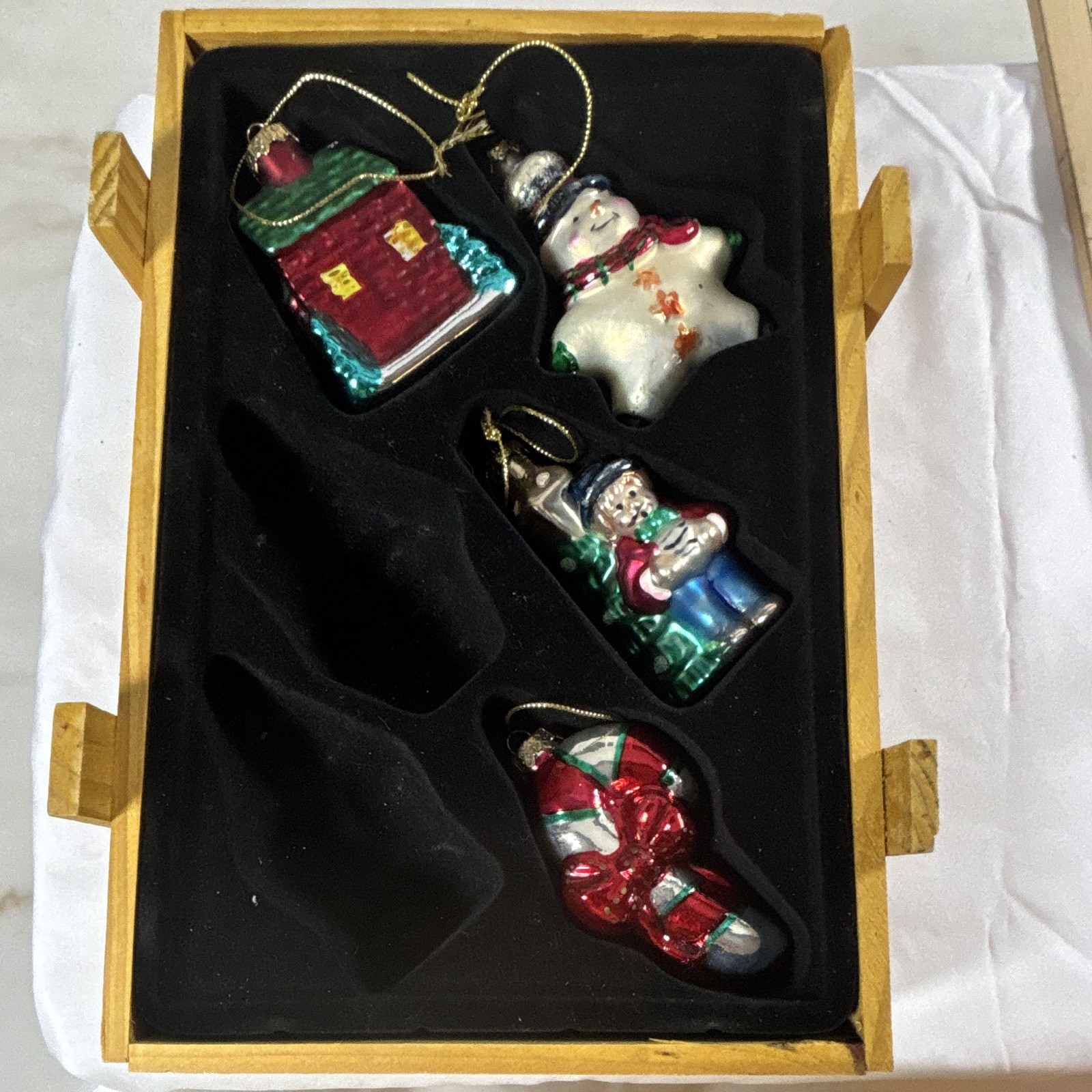 Santa's Workbench Glass Christmas Ornament Set 4pc Hanging w/ Wood Box ...